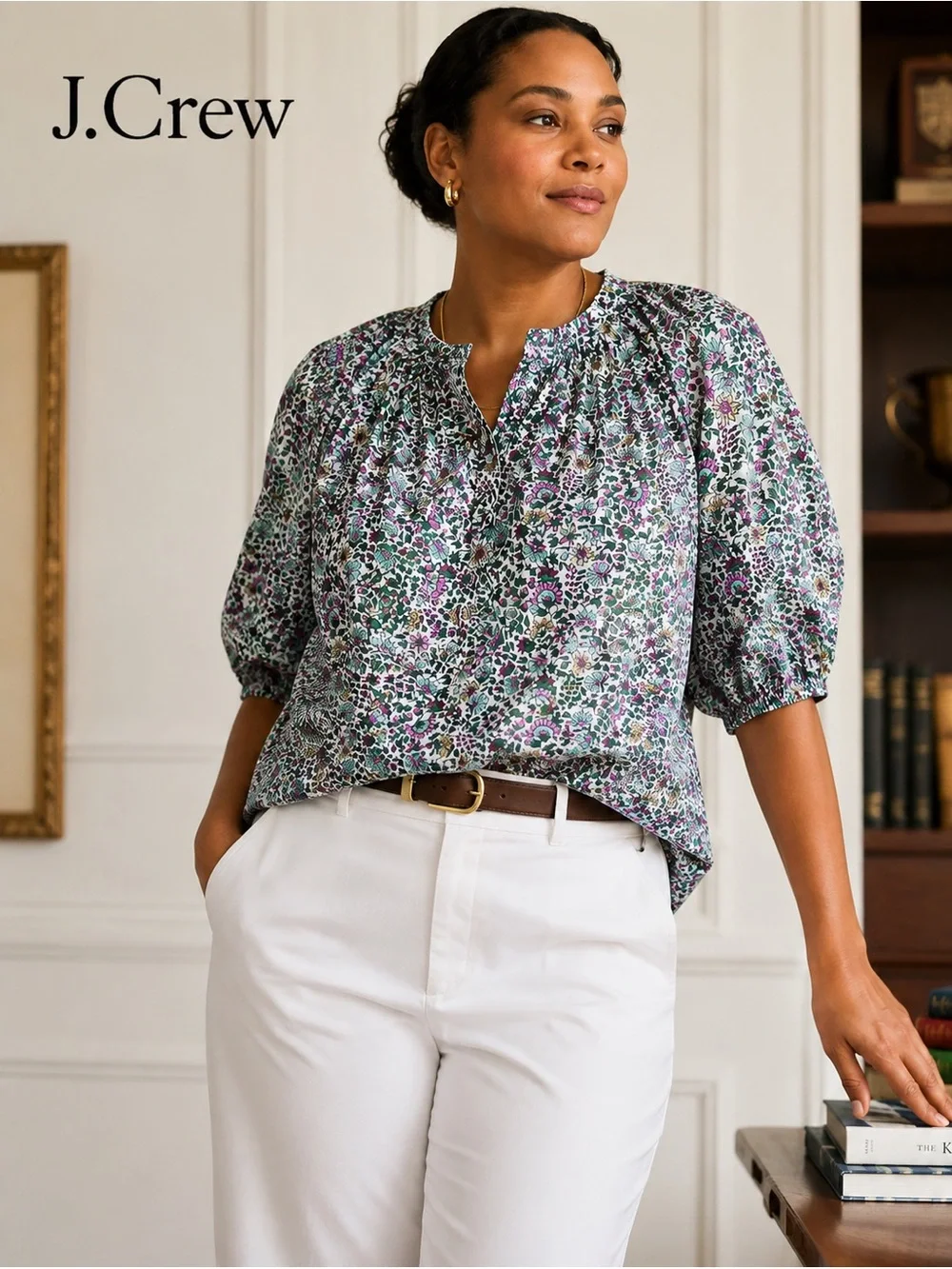 J.Crew Floral Smocked Puff Sleeve Cotton Popover Blouse L